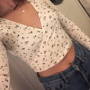 Cream Long Sleeve Floral Wrap Tie Top